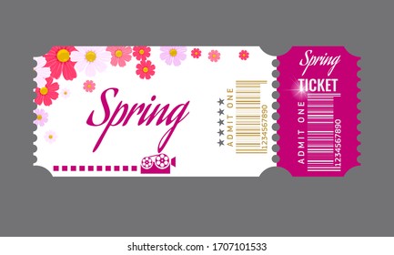 Cinema ticket with spring flowers template. Flat and solid color vector illustration.