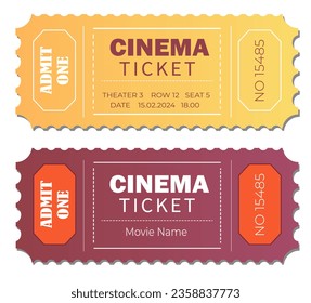 Cinema ticket template isolated on white background. Admit one, movie ticket samples icon.