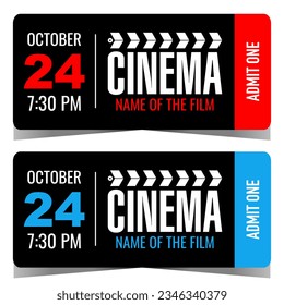 Cinema ticket template in modern design. Vector movie ticket with rounded corners and cinematographic clapperboard elements. Ticket also suitable for film festival access or cinema entrance control.