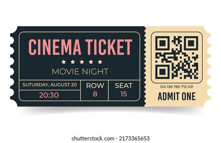 Cinema ticket template. Movie night admission coupon design. Cinema coupon with qr code for festivals, event, theater, concert, play. Vector illustration isolated on white background