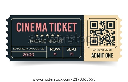 Cinema ticket template. Movie night admission coupon design. Cinema coupon with qr code for festivals, event, theater, concert, play. Vector illustration isolated on white background