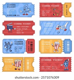 Cinema ticket templates. Movie tickets with cartoon mascot characters for retro camera, 3D glasses, clapperboard, film reel, popcorn and drink. vector set.