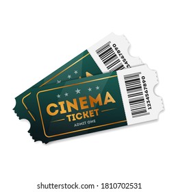 Cinema ticket. Two coupon for access to cinema hall. Film movie seat to admit one with barcode number. Realistic design template isolated on white background. Vector tear off ticket stub illustration