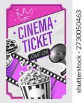 Cinema Ticket Vector Banner in Retro Y2K Style with Halftone Elements, Movie Ticket, Popcorn, Film Strip and Megaphone