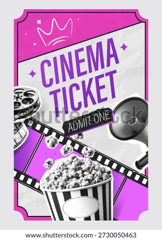 Cinema Ticket Vector Banner in Retro Y2K Style with Halftone Elements, Movie Ticket, Popcorn, Film Strip and Megaphone