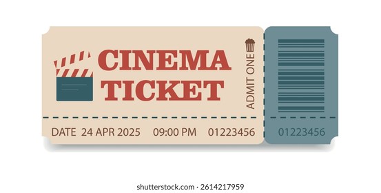 Cinema ticket vector flat with barcode, cut line, simple style, red beige blue color