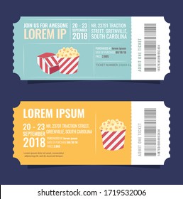 Cinema ticket vector illustration. Two cinema vector tickets isolated on white background. Realistic front view illustration. Close up top view on two designed movie tickets. 