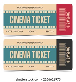 Cinema ticket vector template with red or black part with barcode, rounded corners, inscription on the cinematographic film strip, beige background, indicated date, row and seat.