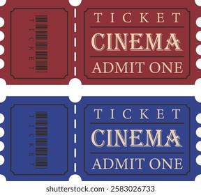 Cinema ticket in vintage retro style blue red