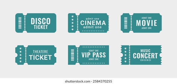 Cinema tickets with barcode. Theater coupon realistic vector templates. Discount voucher mockups. Train, movie, raffle, carnival blank ticket with text space. Concert, event, festival admit layouts. 