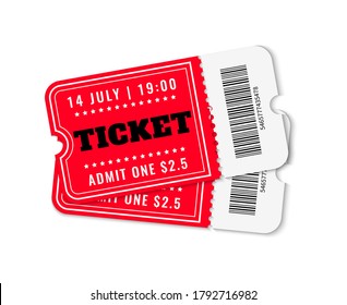 Cinema tickets. Concert movie theater ticket template, cardboard or paper white and red coupons, ribbed templates with barcode vector isolated illustration