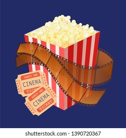 Cinema tickets and cooked popcorn in package with stripes vector, weekends entertainment and activities on holiday, movie and film watching hobby