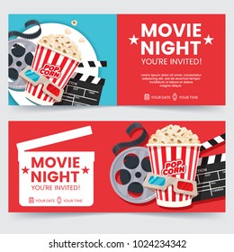 Cinema tickets design concept. Movie Night invitation. Cinema poster template. Composition with popcorn, clapperboard, 3d glasses and filmstrip. Banner design for movie theater.