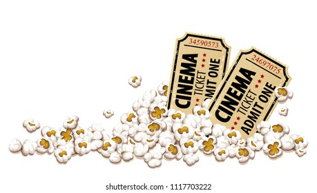 Cinema Tickets For Movie Theater In Popcorn, Isolated White Background. EPS10 Vector Illustration.