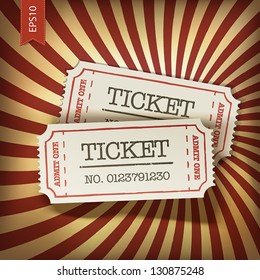 Cinema tickets on retro rays background, vector.