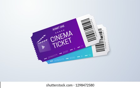 Cinema tickets on white background. Vector realistic illustration. Movie admissions. Coupon design. Top view