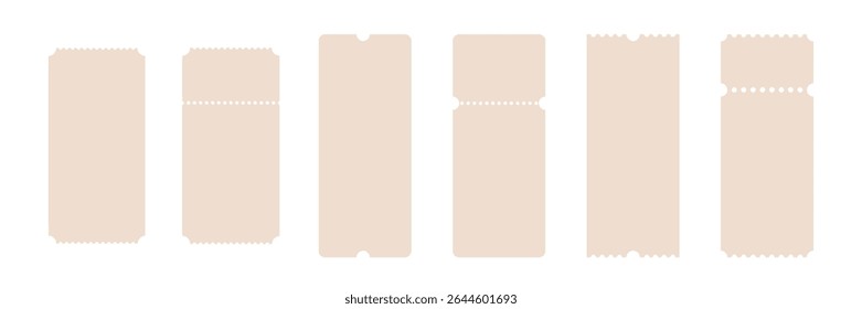 Cinema tickets. Paper voucher, coupons set. Theater, train, movie, raffle, carnival blank tickets with text space. Concert, event, festival layouts. Realistic vector illustration.
