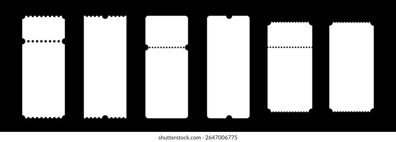 Cinema tickets. Paper voucher, coupons set. Theater, train, movie, raffle, carnival white blank tickets with text space. Concert, event, festival layouts. Realistic vector illustration.