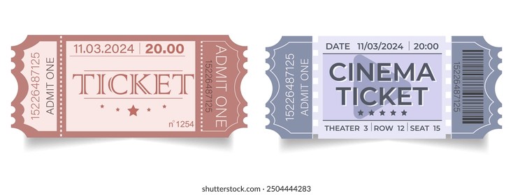 Cinema tickets in pink and blue color. Retro ticket. Tickets	
