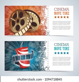 Cinema tickets with popcorn bowl and film strip , realistic detailed vector illustration.