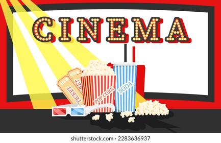 Cinema tickets, popcorn in striped bucket and soda drink on promotion poster, banner. Set of cinema food. 3d glasses for modern Hollywood film. Wallpaper of Premiere festival. Flat Vector illustration
