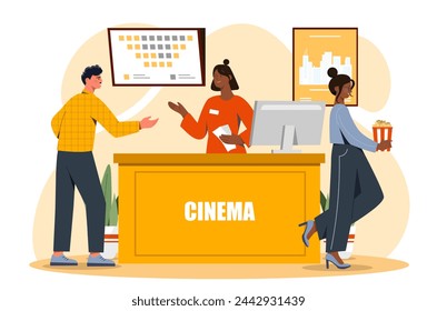 Cinema tickets seller concept. Man buy tickets to watch movie or film. Cultural rest and leisure people. Entertainment industry. Cartoon flat vector illustration isolated on white background