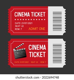 Cinema tickets. Set of tickets to the cinema. Movie ticket template with clapperboard and the inscription "Cinema Ticket" and details. Vector illustration.