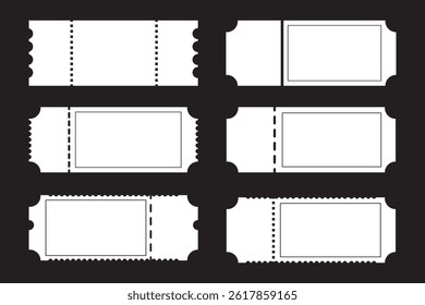 Cinema tickets. Theater coupon realistic vector templates. Discount voucher mockups. Train, movie, raffle, carnival blank ticket with text space. Concert, event, festival admit layouts.