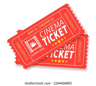 Cinema Tickets. Two red Ticket . Cinema, Theater, concert, play, party, event, festival  Ticket realistic template set.Realistic Cinema ticket icon in flat style