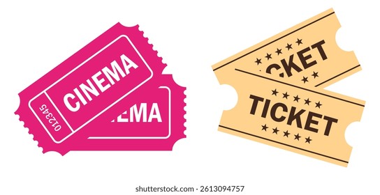 Cinema tickets vector icon isolated on white background. Simple flat illustration of two retro tickets set, web template for cinema, museum or concert ticket. 