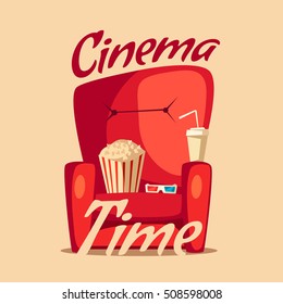 Kinozeit. Heimvideo ansehen. Cartoon, Vektorgrafik. Rotes Sofa. Web-, Banner- und Logo-Design. Popcorn, Cola und 3D Brille. Vintage-Stil. Küche