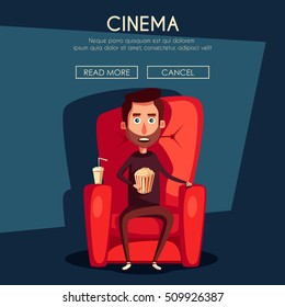 Cinema Time. Home movie watching. Cartoon vector illustration. Red sofa. Web, banner and logo design. Popcorn, cola and 3d glasses. Vintage style. Food and drink. Happy man.