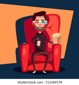 Cinema Time. Home movie watching. Cartoon vector illustration. Red sofa. Web, banner and logo design. Popcorn, cola and 3d glasses. Vintage style. Food and drink. Happy man.