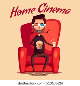 Cinema Time. Home movie watching. Cartoon vector illustration. Red sofa. Web, banner and logo design. Popcorn, cola and 3d glasses. Vintage style. Food and drink. Happy man.