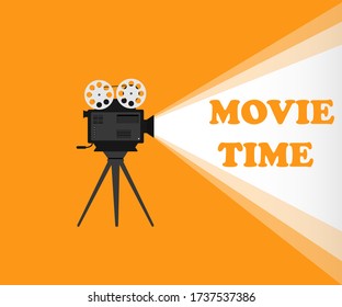 Cinema time, movie projector, cinema poster, orange poster, vector illustration
