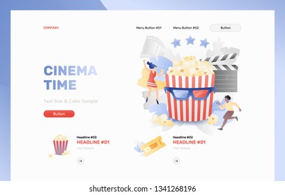 Cinema time web header template with tiny cinema viewers around striped bucket. Vector metaphor in modern flat gradient style.