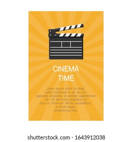 Cinema time. Yellow cartoon poster with clapperboard vector mockup.