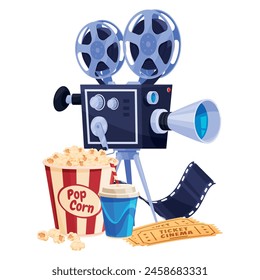 Cinema traditional equipment camera popcorn ticket video film tape poster concept isometric vector illustration. Movie theater cinematography art filmmaking watching TV leisure lifestyle entertainment