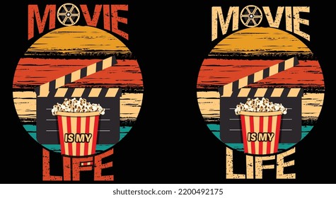 Cinema tshirt. Night film movies, popcorn and retro vintage movie tshirt, films or movie cartoon vector illustration tshirt, big movie reel