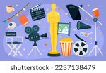 Cinema and TV. Festival film. Oscar award figurine. Movie director chair and reel. Popcorn glass. Filmmaking equipment set. Camera and projector. Vector illustration nowaday concept