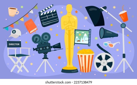 Cinema and TV. Festival film. Oscar award figurine. Movie director chair and reel. Popcorn glass. Filmmaking equipment set. Camera and projector. Vector illustration nowaday concept - Shutterstock ID 2237138479