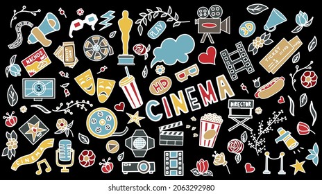 Cinema, TV Shows, Series and Movies Funny Doodle Vector set. Hand drawn colorful illustration. Set for podcast, awards and radio. Background