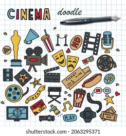 Cinema, TV Shows, Series and Movies Funny Doodle Vector set. Hand drawn colorful illustration. Set for podcast, awards and radio. Background