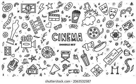 Cinema, TV Shows, Series and Movies Funny Doodle Vector set. Hand drawn colorful illustration. Set for podcast, awards and radio. Background