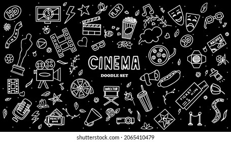 Cinema, TV Shows, Series and Movies Funny Doodle Vector set. Hand drawn colorful illustration. Set for podcast, awards and radio. Background