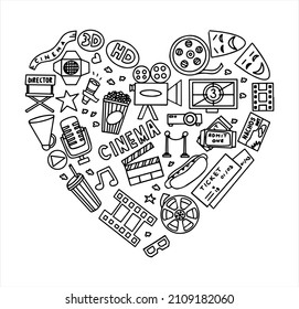 Cinema, TV Shows, Series and Movies Funny Doodle Vector set. Hand drawn colorful illustration. Set for podcast, awards and radio. Background