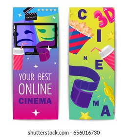 Cinema two isolated vertical banners with prize figurine popcorn 3d film online viewing images flat vector illustration 