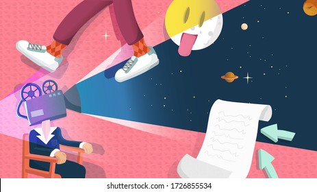 Cinema under the sky. Director's projection and view of the universe. Sitting in the chair watching the moon. Dream, Cinema poster illustration.