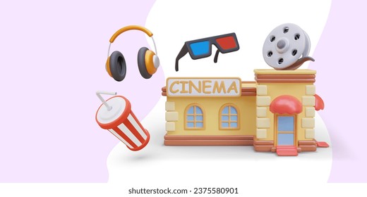 Publicidad vectorial del cine. Construcción realista, carrete de película, audífonos, gafas de anaglyph, taza a rayas con bebida fría. Concepto de descanso y entretenimiento