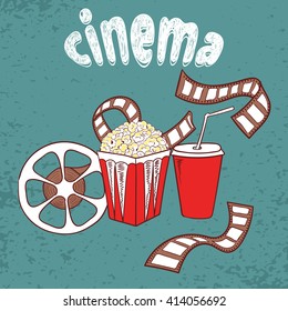 Cinema vector background. Set of cinema symbols - popcorn, film reel and strip. Doodle illustration. 